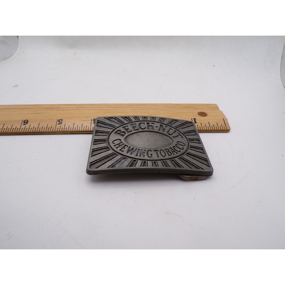 Vintage Beech-Nut Chewing Tobacco Belt Buckle Gray Metal Sunburst Rectangle Logo